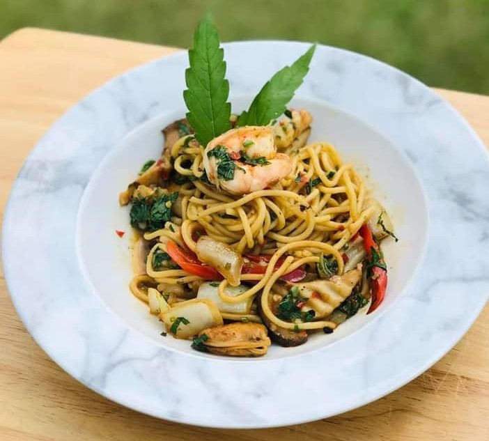 Spaghetti Spicy Seafood with Holy Basil Leaves and Cannabis