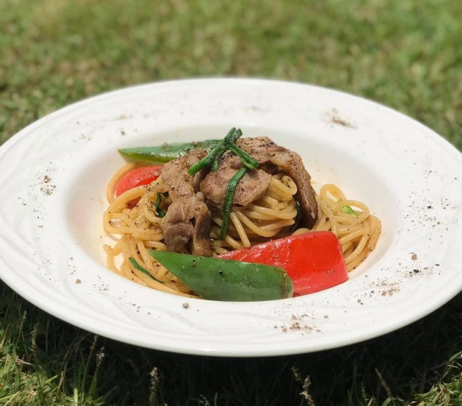 Spaghetti Grilled Pork with Black Pepper Sauce and Cannabis